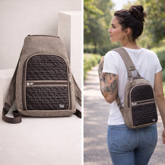 lug Handbags - Lug Taupe Brown Quilted Travel Backpack Convertible Sling Bag
